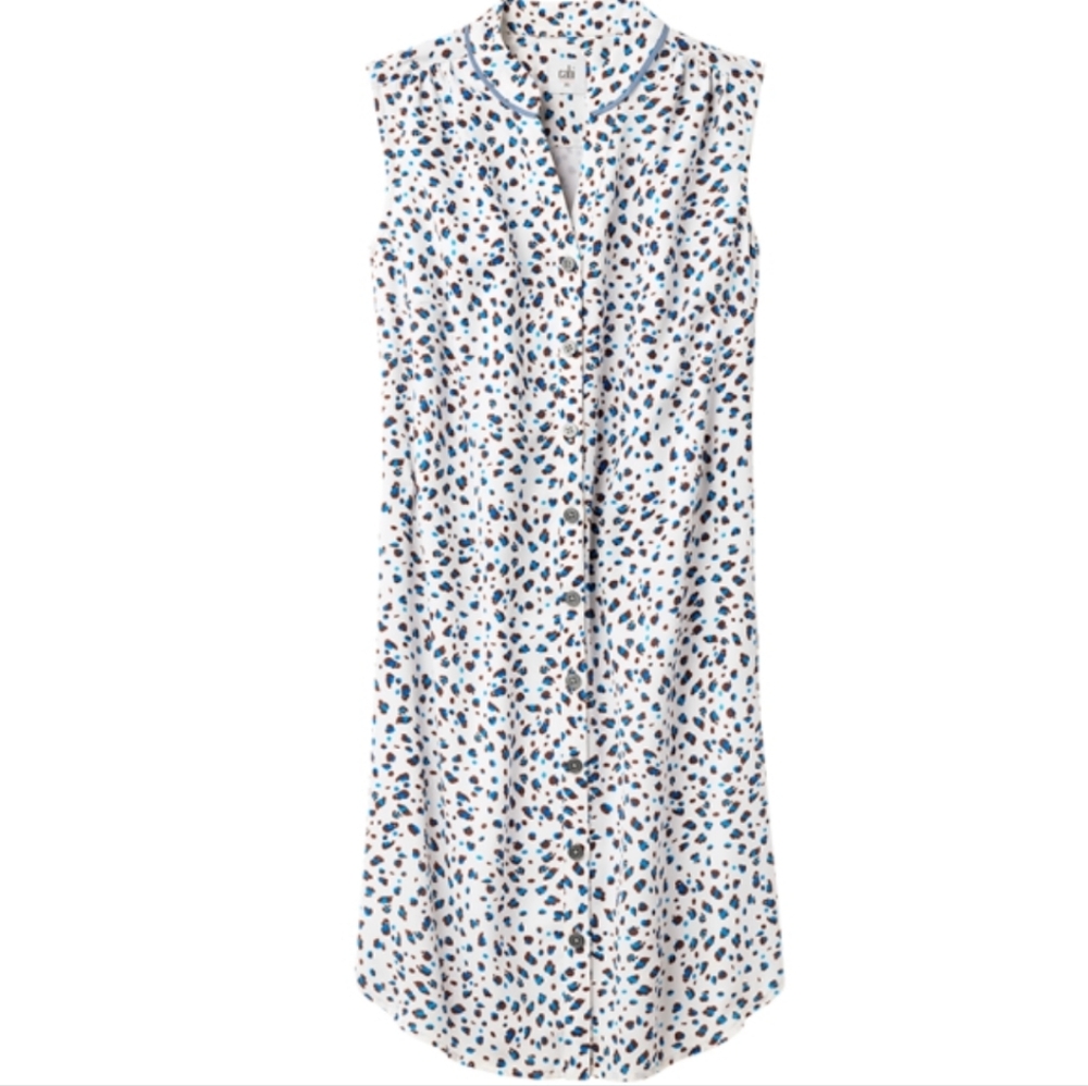 CAbi Sleeveless Button-Up Dress with Blue and White Print